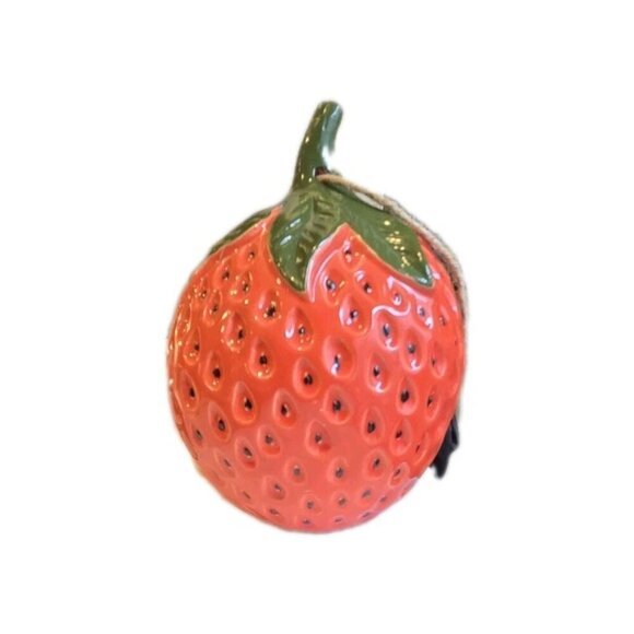 New Red Hanging Outdoor Ceramic Strawberry Shaped Birdhouse Feeder Decor - Picture 3 of 3